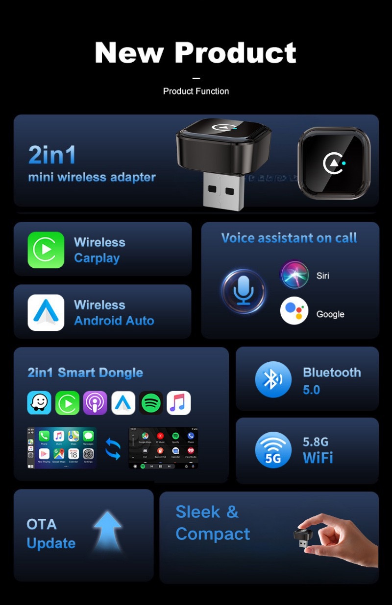 Wired-To-Wireless Car Connectivity Module, Exclusively for Cross-Border Use, Car Adapter Device for Apple and Android Phones