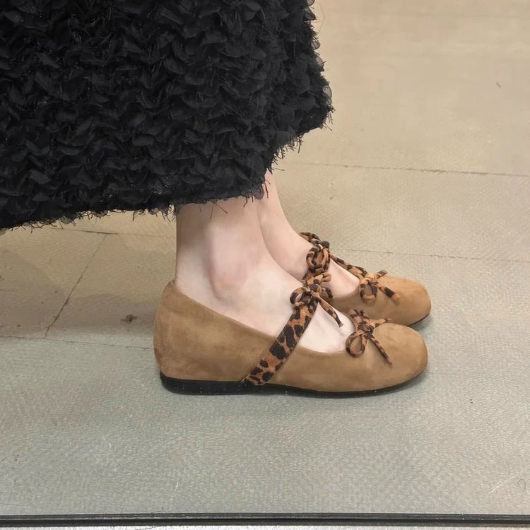 Chaussures de danse rétro françaises à talon compensé, bout rond, imprimé léopard, nœud, style Mary_voghion.com