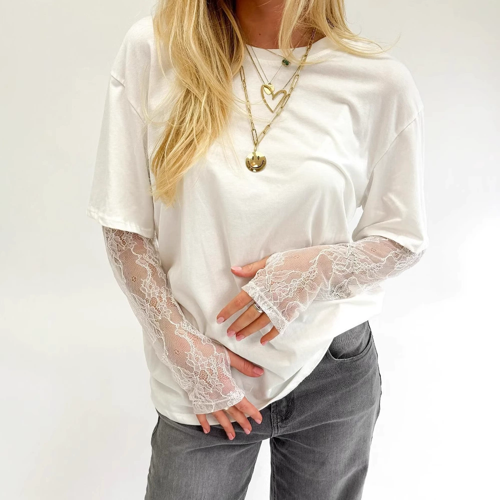 Летняя европейская и американская внешняя торговля Amazon кружевное сшивание сексуальная индивидуальная футболка с круглым вырезом