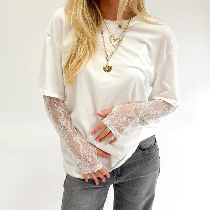 Summer European and American Foreign Trade Amazon Lace Stitching Sexy Cool Crewneck Niche Design T-shirt Top