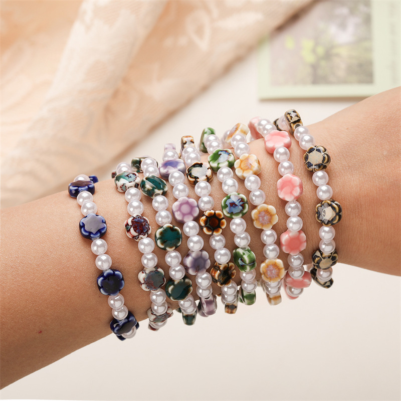 TEMU transfronterizo europeo y americano nuevo estilo imitación perlas pulsera cerámica flor simple yo cuentas pulsera joyería spot al por mayor