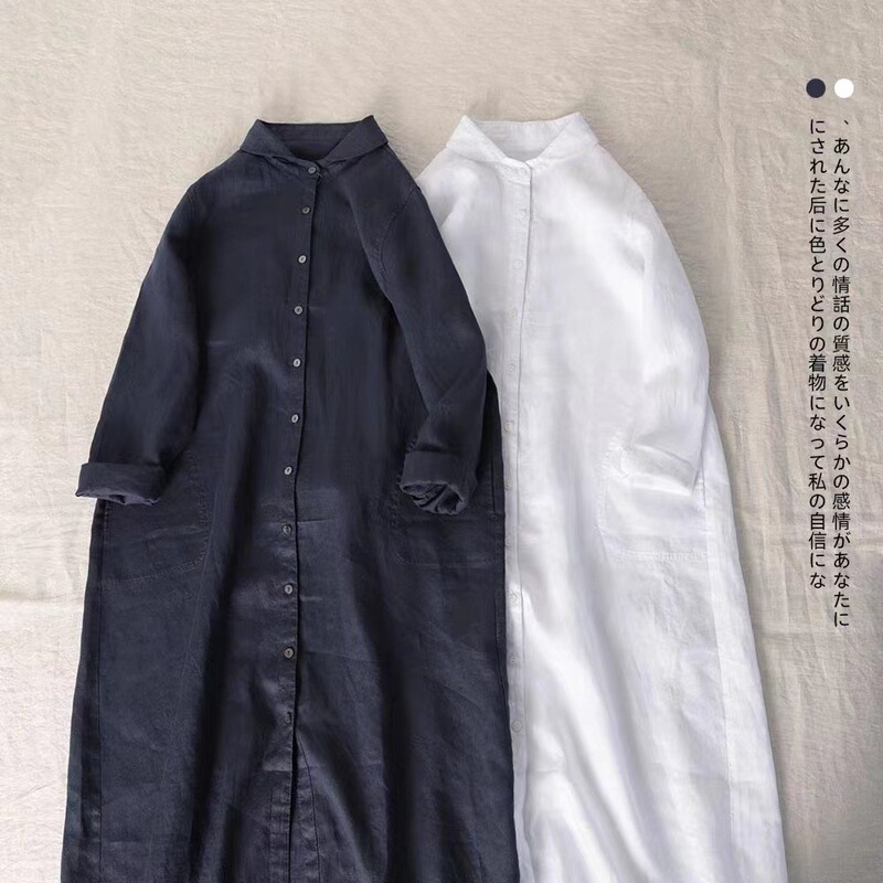 Linen Dress Women's Mid-Length Loose Casual Long-Sleeved Cotton and Linen Shirt Dress