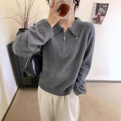 韩系慵懒风深灰色套头半拉链套头毛衣女秋冬季polo领翻领针织衫