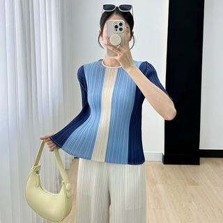三宅上衣女2023年秋季新款条纹拼色直筒显瘦百搭褶皱短袖T恤衫女