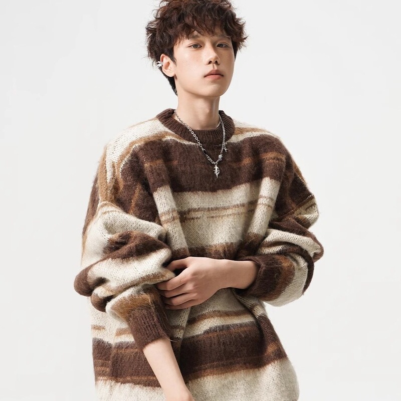 Mohair Round Neck Sweater for Men and Women, Autumn and Winter Casual Color-Blocked Striped Knitwear, Loose and Relaxed Couple's Jacket