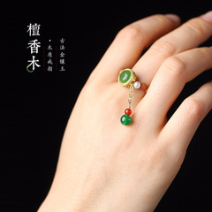 老山檀香木戒指芭比搭配古法金鑲玉配飾品diy簡約高級復古女士款
