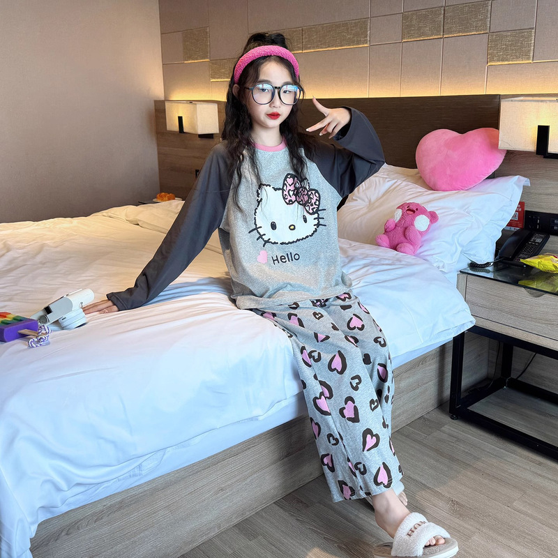 Children's pajamas for girls, spring and autumn long-sleeve and long-pants set, stylish cartoon design, thin autumn style, home wear for older girls Children's pajamas for girls, spring and autumn long-sleeve and long-pants set, stylish cartoon design, thin autumn style, home wear for older girls