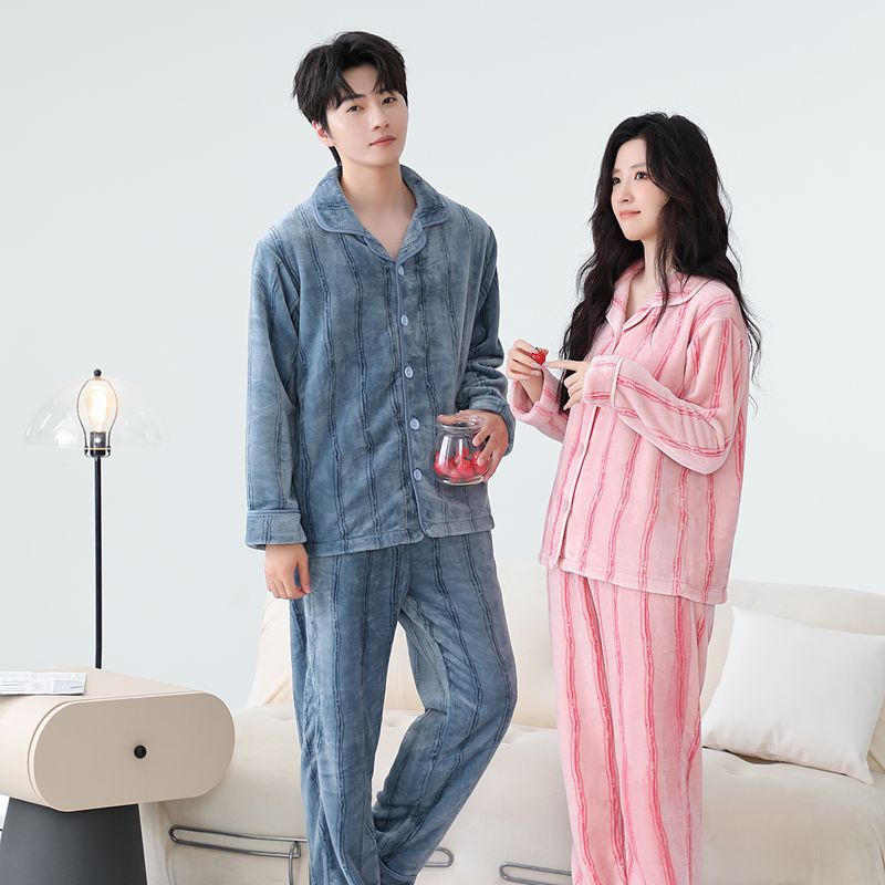 플란넬 남성과 여성의 가을, 겨울 간단한 가정복 스트라이프 가디건 커플 세트 두꺼운 따뜻한 잠옷 밖에서 착용 가능