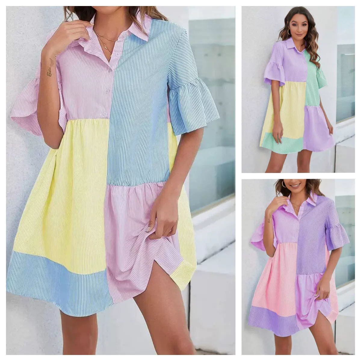 2025独立站欧美跨境春夏新款条纹短袖时尚休闲拼接撞色衬衣连衣裙