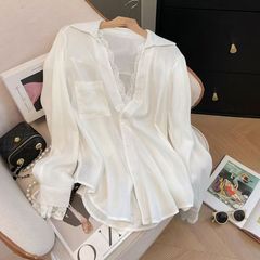 春夏新款简约风新品感白色假两件蕾丝拼接长袖宽松衬衫上衣女2025