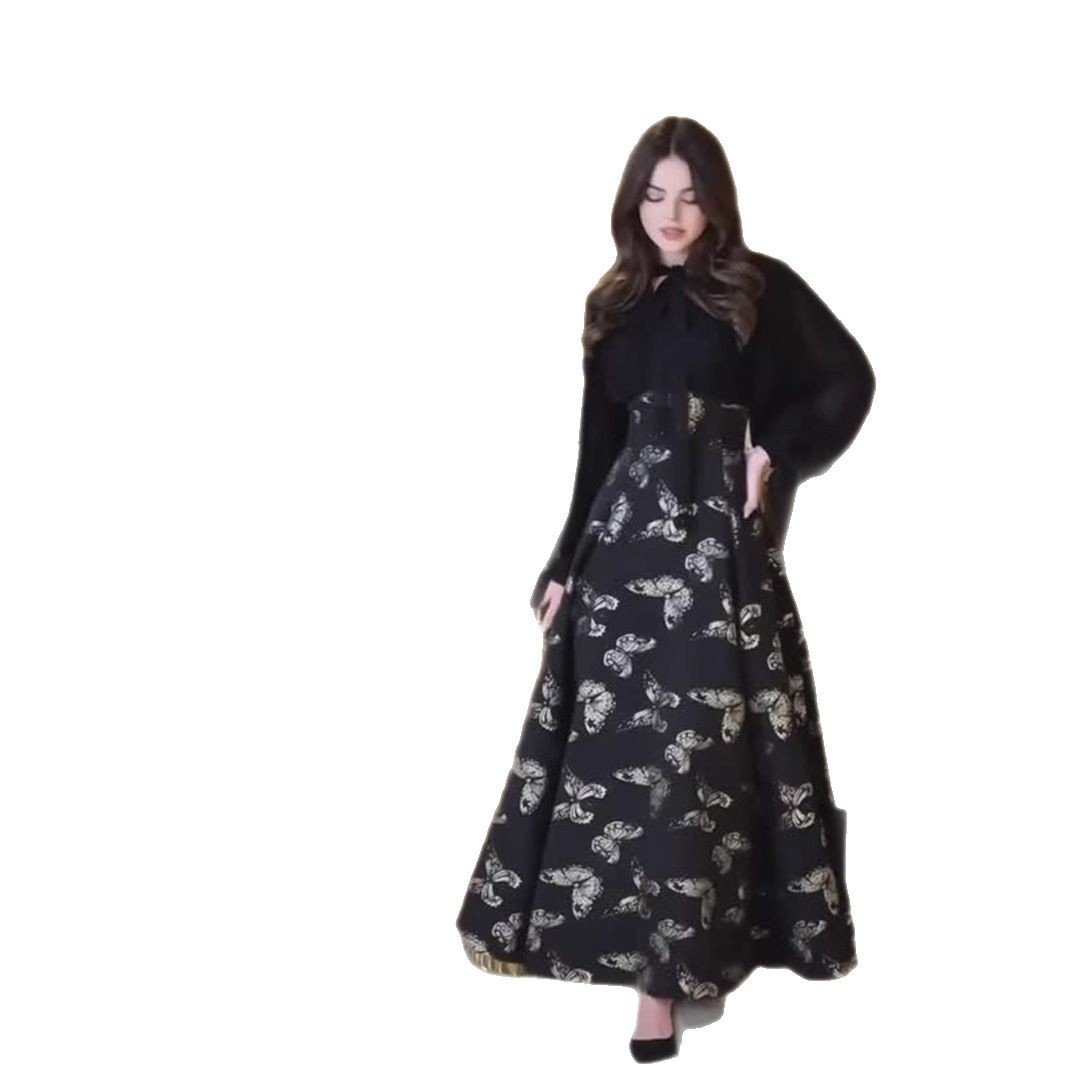 European American 2025 Spring Elegant And Noble Long-Sleeved Dynamic Romantic Style Gold-Embossed Long Dress For_ecoleips.com