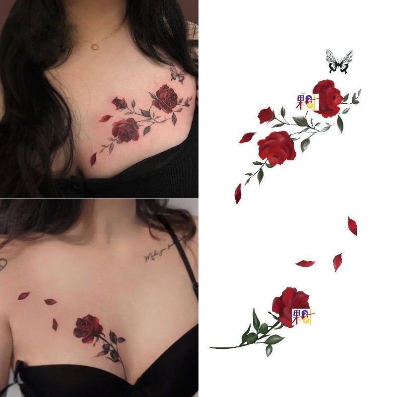 Guoji Tattoo Rose Flower Tattoo Sticker Female Sexy Gentle Style Collarbone Chest Red Petals Long-Lasting Waterproof