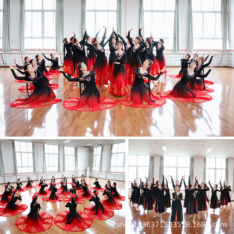 Xinjiang ropa de rendimiento de danza Uygur Hui Arte examen práctica ropa superior hembra adulto bordado cuello en V manga larga