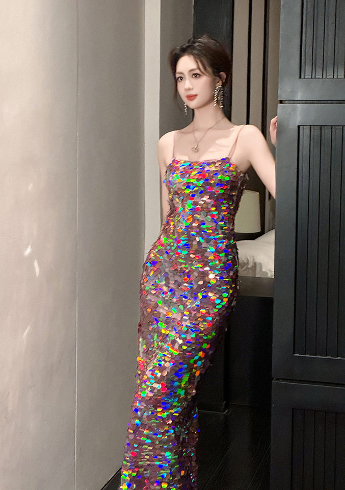 Váy dây đeo dáng ôm body đính sequin lấp lánh dài — Hồng lấp lánh chi tiết 10