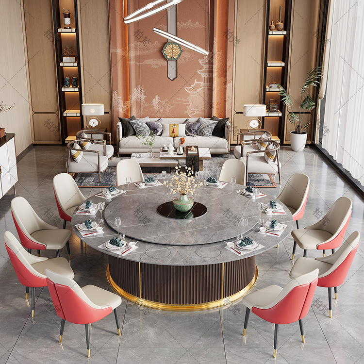 Mesa y silla de comedor de roca de hotel comercial, gran mesa redonda con olla caliente, caja de horno electromagnético, mesa de comedor de villa eléctrica de 3 metros