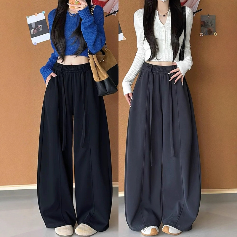 Fleece-Lined Thickened Women's Pants for Autumn and Winter, Wide-Leg Scimitar Pants, American-Style Drawstring Sweatpants, Relaxed Drape, Loose Fit, High-End Feel Pants