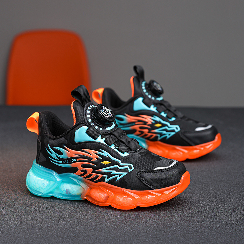 代發新款防水皮面兒童運動鞋中大童旋轉紐扣跑步鞋時尚潮流老爹鞋