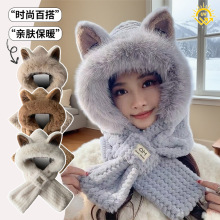 冬季可爱狐狸耳朵毛绒帽子女户外休闲百搭防寒加绒加厚围脖一体帽