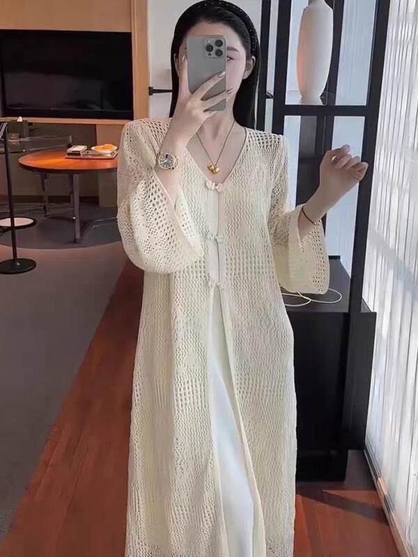 Áo cardigan dệt kim dáng dài nữ thiết kế khoét lỗ, cổ chữ V, tay dài, phong cách thanh lịch — Màu be 【Nâng cấp chất liệu vải cao cấp】