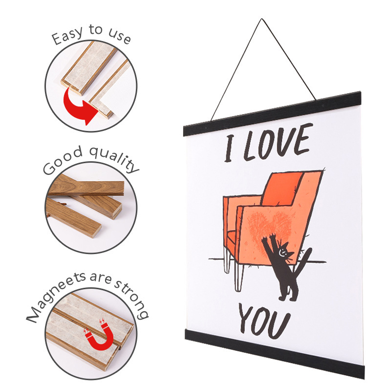 Wholesale Magnetic Poster Frame Wooden Calligraphy Hanging Scroll Painting Photo Frame Picture Frame Wholesale Magnetic Couplet Poster Hanger