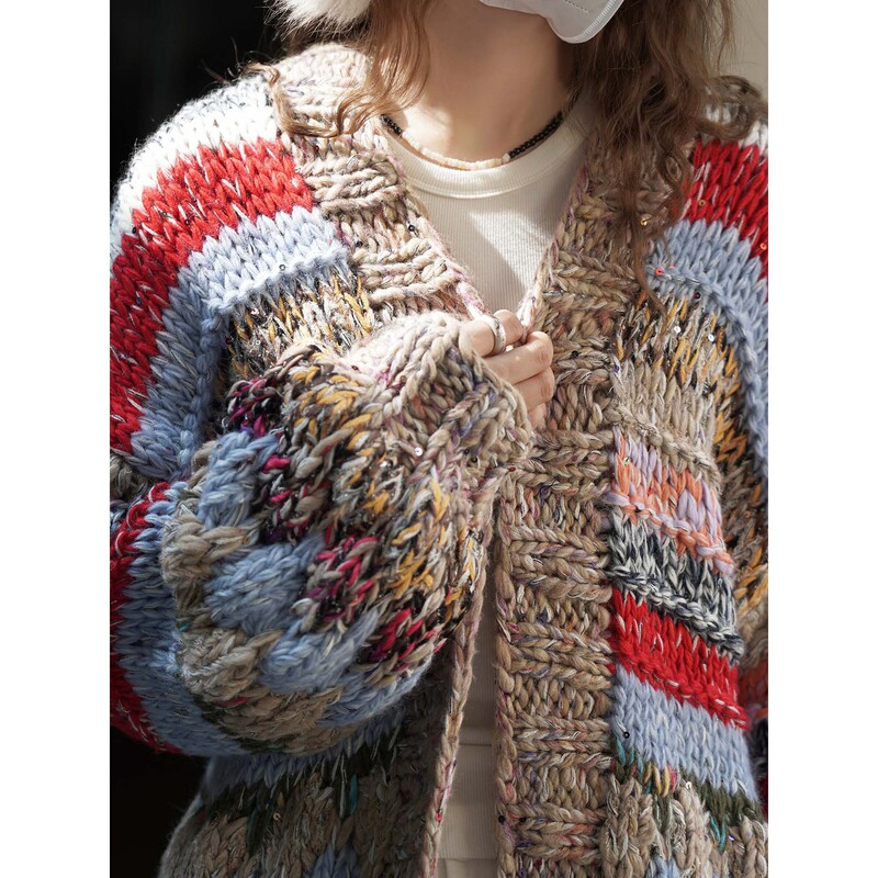 Louvre Winter New Korean Style Retro Lazy Colorfulful Thick Stripesd Knitted Wool Sweater with Loose Top for Women