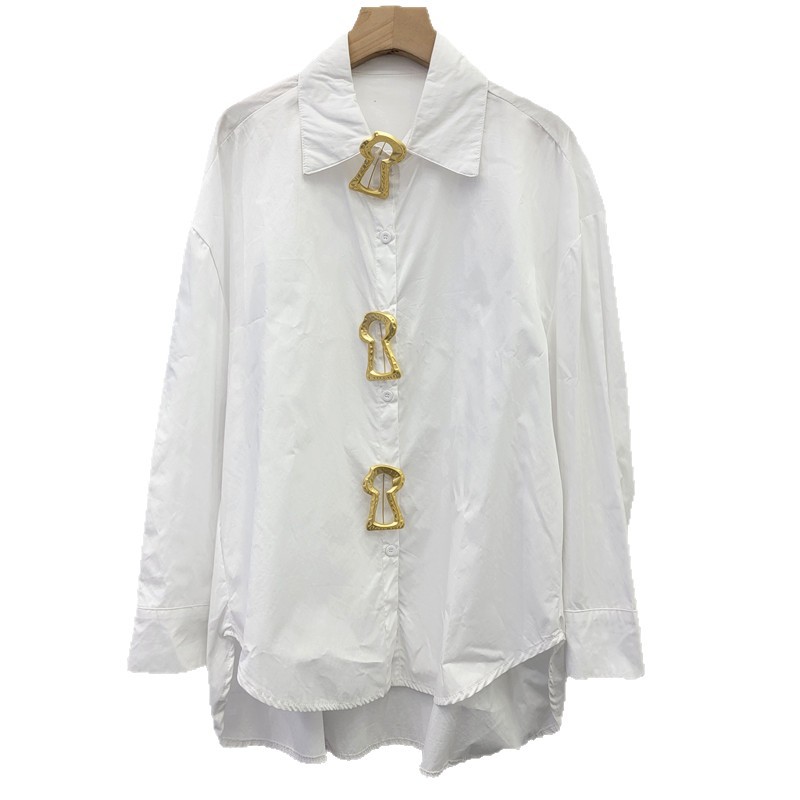 Ingeniería pesada simple camisa de manga larga de color sólido para mujeres 2026 primavera nuevo diseño de hebilla metálica blusa suelta image 5