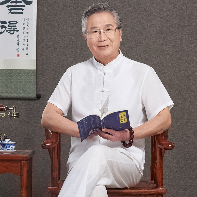 Tang-style short-sleeved men's summer cotton and linen stand-up collar shirt two-piece set, suitable for grandfathers and fathers, loose-fitting morning exercise suit.