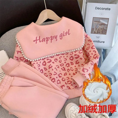 女童秋裝套裝兒童網紅粉色豹紋珍珠娃娃領外套中大童休閒褲兩件套