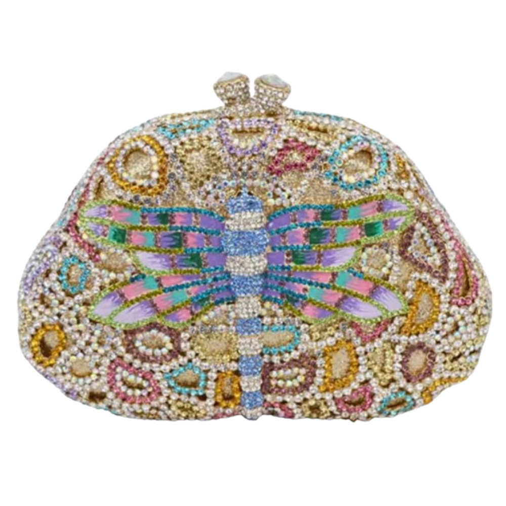 Túi clutch nữ cầm tay đính pha lê hình bướm thủ công dự tiệc — Màu hồng vàng kim, Màu tím hồng, Màu hồng, Màu bạc chi tiết 5