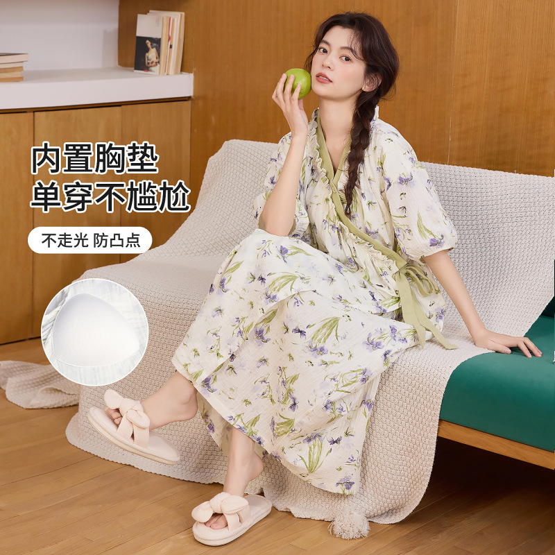 New Summer Style Cloud Cotton Nightgown with Breast Pads, Mid-Length Skirt, Casual Loose Pajamas for Women, Can Be Worn Outside as Home Clothes in Summer New Summer Style Cloud Cotton Nightgown with Breast Pads, Mid-Length Skirt, Casual Loose Pajamas for Women, Can Be Worn Outside as Home Clothes in Summer