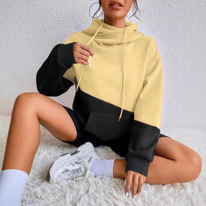 2024 cross-border autumn and winter new color block stitching kangaroo pocket drawstring loose casual hooded sweater women's top 2024 cross-border autumn and winter new color block stitching kangaroo pocket drawstring loose casual hooded sweater women's top