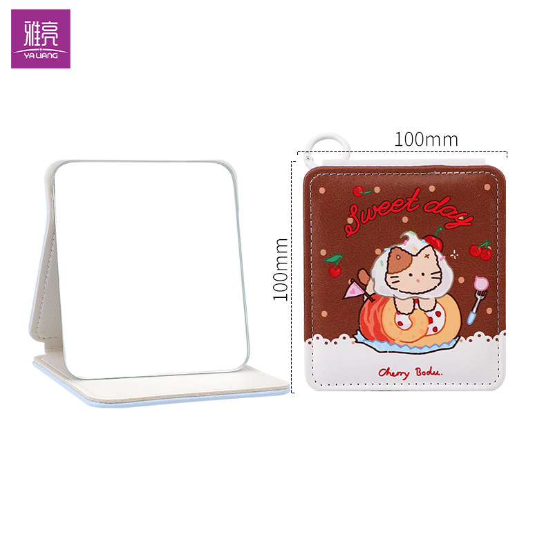 Espejo de cuero plegable cuadrado de moda, espejo de escritorio de hardware redondo, espejo portátil, espejo pequeño lleno de algodón