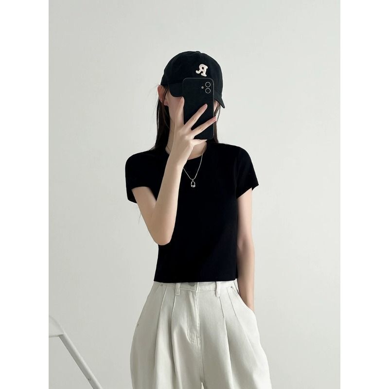 Round Neck Short-Sleeved T-Shirt for Women, Pure Cotton Slim Fit Crop Top with Exposed Navel Round Neck Short-Sleeved T-Shirt for Women, Pure Cotton Slim Fit Crop Top with Exposed Navel