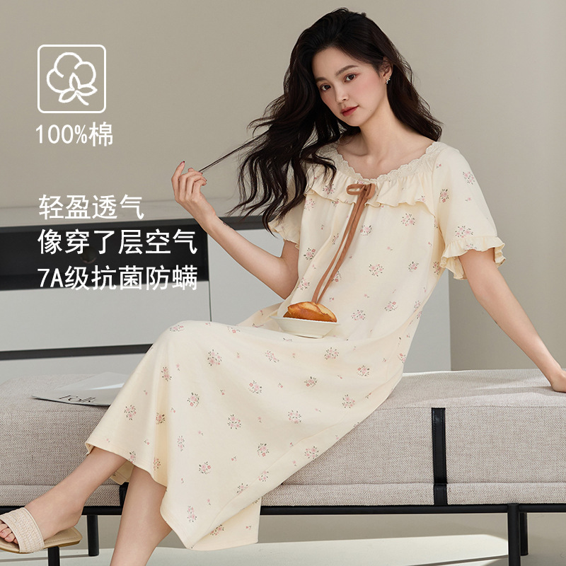 クラス A 抗菌ナイトガウン女性の夏の純粋な綿の半袖ドレスロングプラスサイズは外で着用できます女性のための綿のパジャマ|undefined