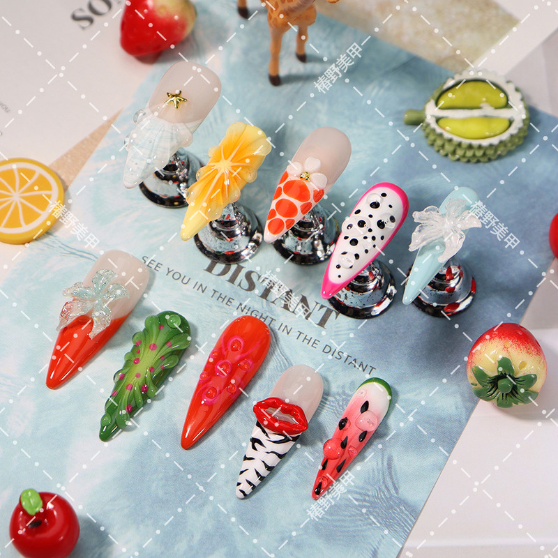 Handmade premium press-on nails with watermelon, dragon fruit, embossed lip patterns, and zebra patterns, y2k press-on nails for cross-border sales Handmade premium press-on nails with watermelon, dragon fruit, embossed lip patterns, and zebra patterns, y2k press-on nails for cross-border sales