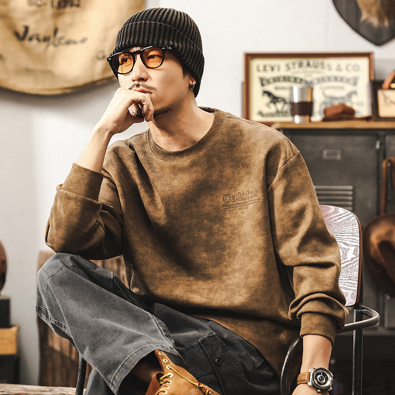 American retro 360g heavyweight sweater men's autumn and winter loose imitation washed old tide brand 2024 new jacket men