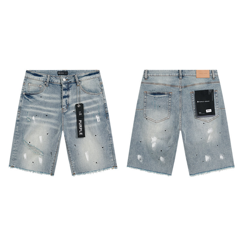 Comercio exterior transfronterizo mayorista purp1e estilo americano marca de alta calle agujero parche de tinta retrógrada lavado jeans pantalones cortos