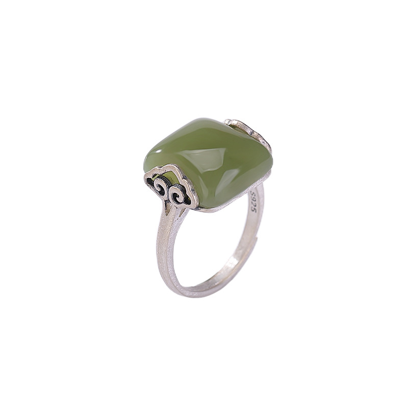 Nhẫn bạc S925 đính ngọc thanh cổ phong hình quả trứng mì — Mở trung bình