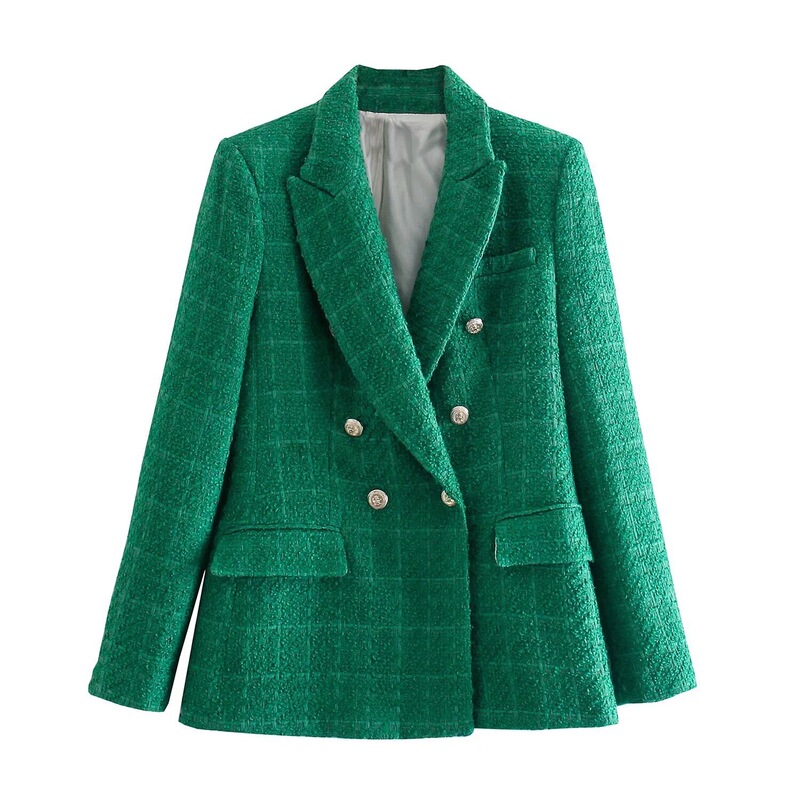 European and American women's fashion spring and autumn double-breasted tweed plaid blazer vintage long-sleeve pocket suit jacket