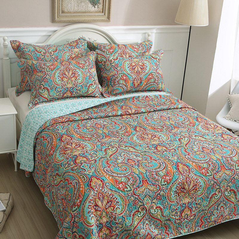 Couette en coton délavé à fleurs de style américain, couette en coton pur, housse de lit pastorale, ensemble de trois pièces, couette imprimée d'été fraîche et respirante avec climatisation_voghion.com