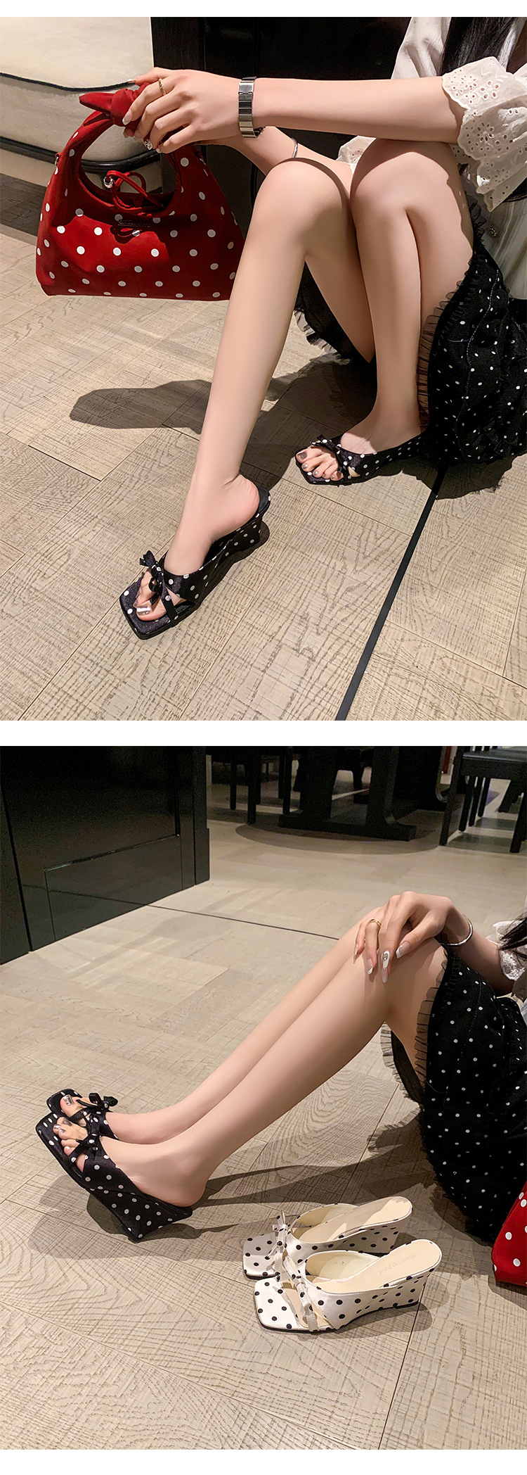 Sandal cao gót nữ hở mũi mũi vuông phong cách Pháp, quai ngang nơ bướm, đế xuồng chấm bi — màu đen, màu trắng chi tiết 13