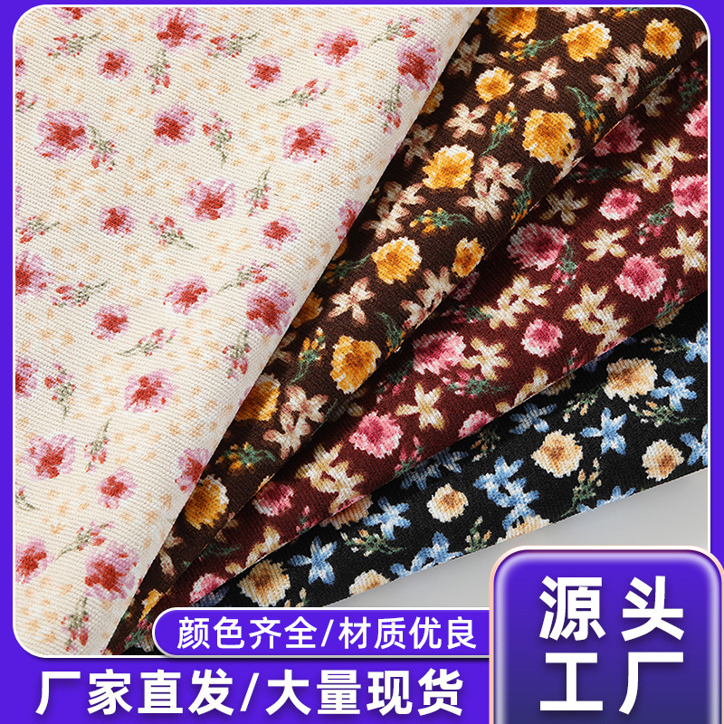 跨境厂家供应涤纶灯芯绒玫瑰印花布料 服装箱包拖鞋沙发布料批发