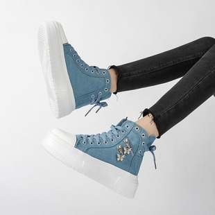 Cross-Border Large Size Women's Shoes 2024 New Outdoor Versatile Butterfly Zipper Canvas Shoes Thick-Soled High-Top Heightening Sneakers for Women
