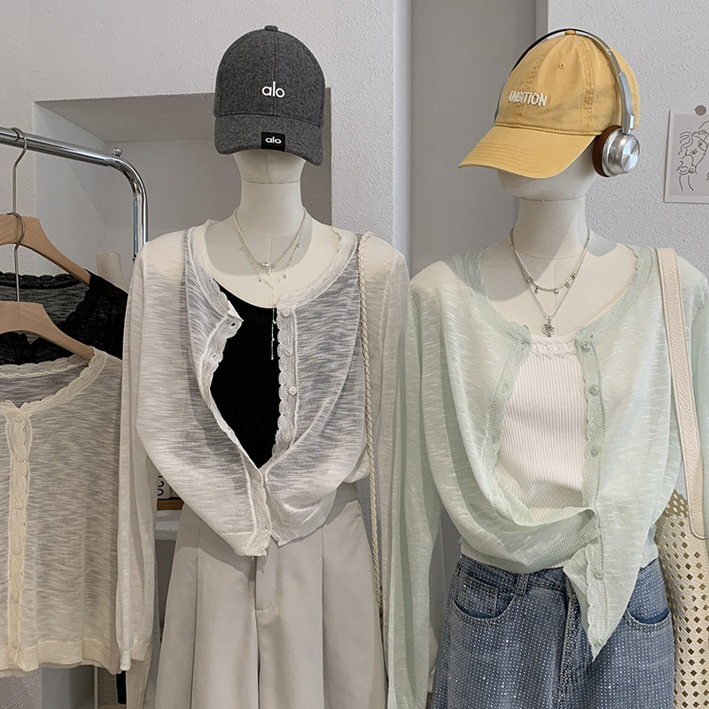Omalai Wavy Edge Round Neck Knitted Cardigan for Women, Summer Sun Protection Clothing, Thin, Slightly See-Through Long-Sleeved Top, Trendy 6975