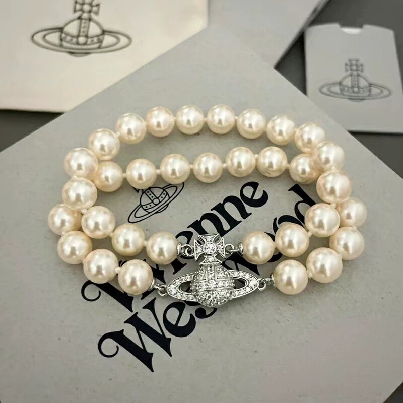 Empress Vivienne Saturn Double Layer Pearl Inlaid Diamond Bracelet for Women, Elegant and Versatile Fashion Trend Bracelet