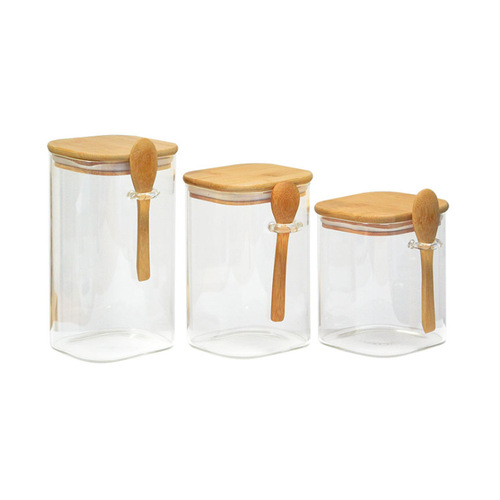 Square transparent glass jar with spoon bamboo lid food sealed storage jar moisture-proof kitchen storage sealed jar wholesale