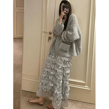 深冬装搭配一整套韩剧穿搭灰色亮片独特上衣超好看半身裙两件套装