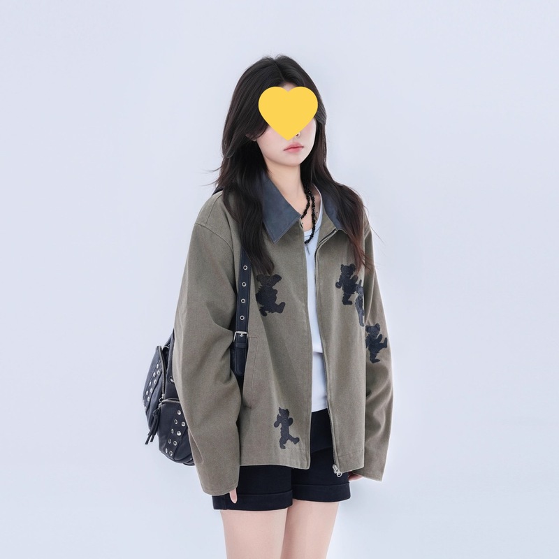 2025秋季新款美式复古卡通小熊刺绣牛仔外套女设计感宽松潮牌夹克|undefined