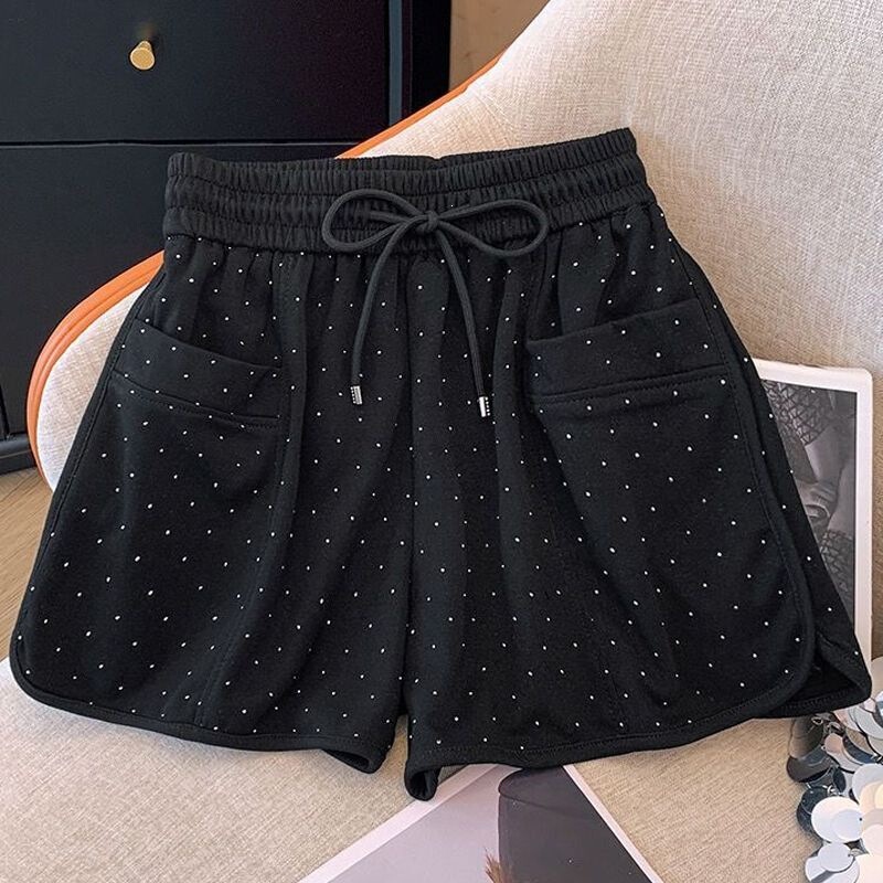 Black stylish niche hot-pants with rhinestones, casual shorts, 2026 summer high-waisted loose-fit sporty wide-leg pants