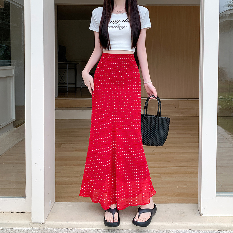 Summer red retro fitted shiffon long skirt